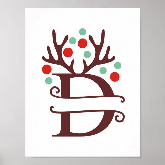 Personalize Reindeer Letter D Split Monogram Poster (Front)