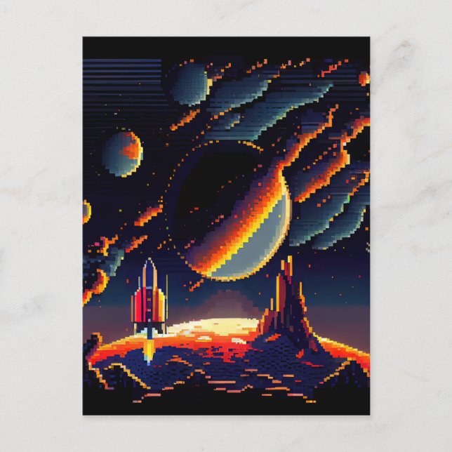 Personalize - Retro 8-Bit Pixel Space Rocket Postcard (Front)
