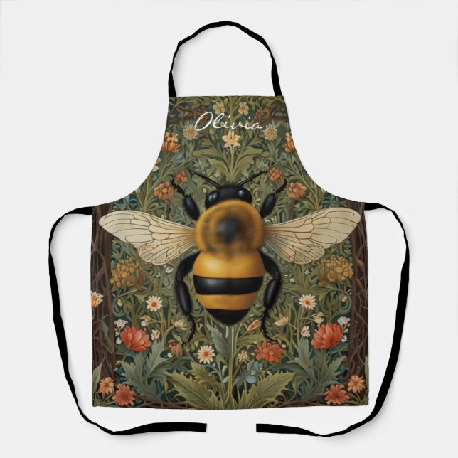 Personalize retro bumblebee boho botanical floral  apron (Front)