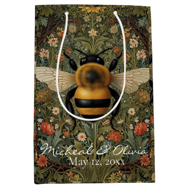 Personalize retro bumblebee boho botanical floral  medium gift bag (Front)