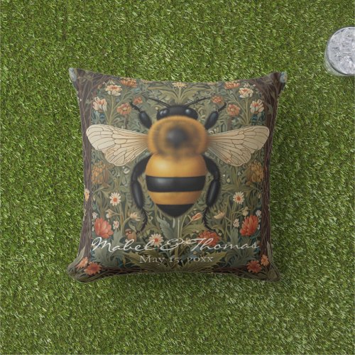 Personalize retro bumblebee boho botanical floral  outdoor pillow