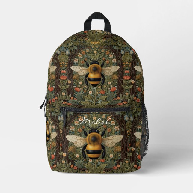 Personalize retro bumblebee boho botanical floral printed backpack (Front)