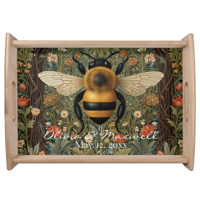 Personalize retro bumblebee boho botanical floral  serving tray (Front)