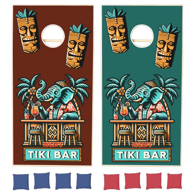 Personalize Retro Elephant Tiki Ba Cornhole Set (Set)