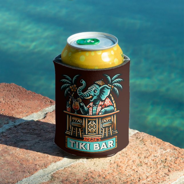 Personalize Retro Elephant Tiki Bar Can Cooler (In Situ Pool)