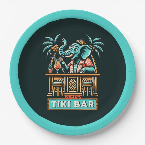 Personalize Retro Elephant Tiki Bar Paper Plates
