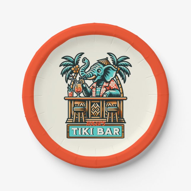 Personalize Retro Elephant Tiki Bar Paper Plates (Front)