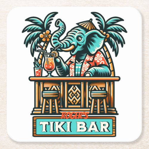 Personalize Retro Elephant Tiki Bar Square Paper Coaster