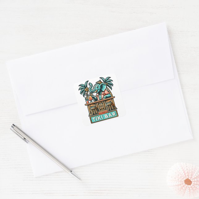 Personalize Retro Elephant Tiki Bar Square Sticker (Envelope)
