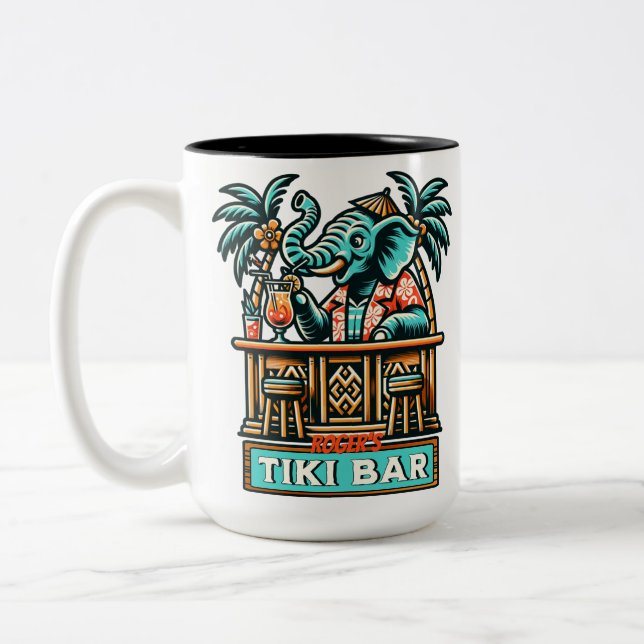 Personalize Retro Elephant Tiki Bar Two-Tone Coffee Mug (Left)