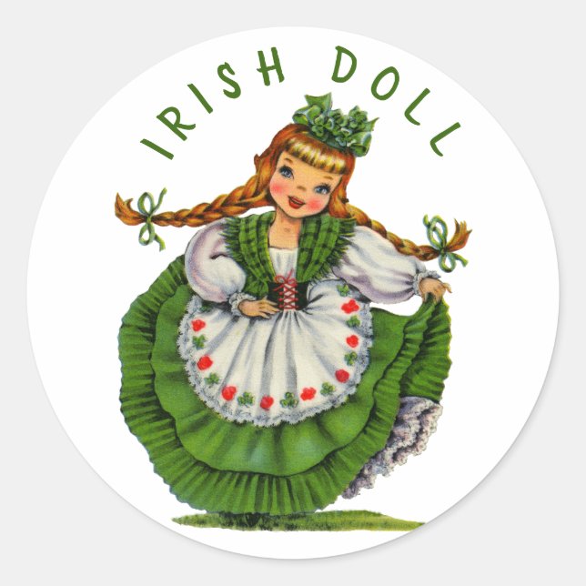 Personalize Retro Irish Doll Logo St Patricks Day Classic Round Sticker (Front)
