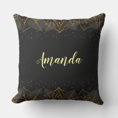 Personalize Reversible Black with Gold Leaf Border Throw Pillow