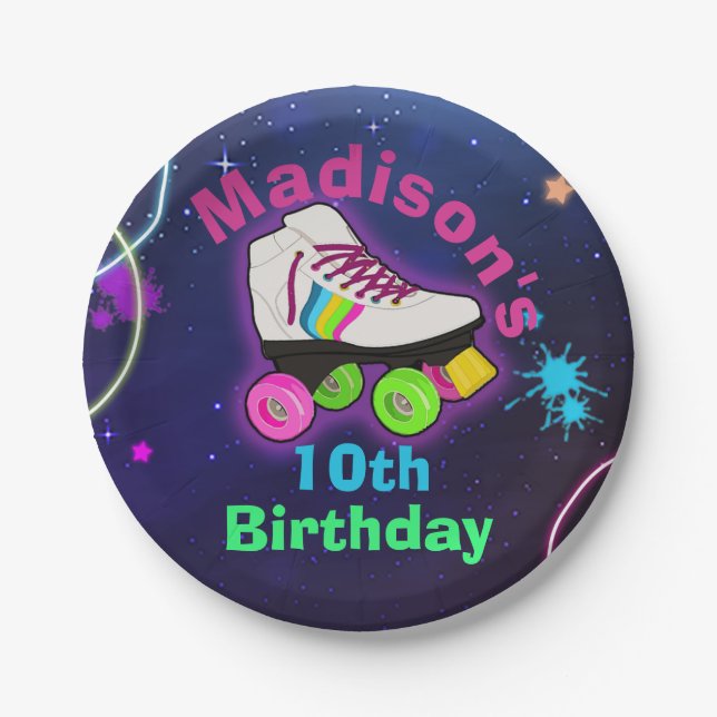Personalize Roller Skating Neon Birthday Classic Paper Plates (Front)