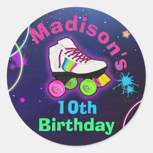 Personalize Roller Skating Neon Birthday Classic Round Sticker