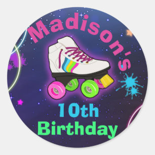 Personalize Roller Skating Neon Birthday Classic Round Sticker