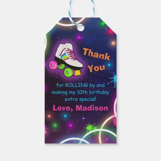 Personalize Roller Skating Neon Birthday Gift Tag (Front)