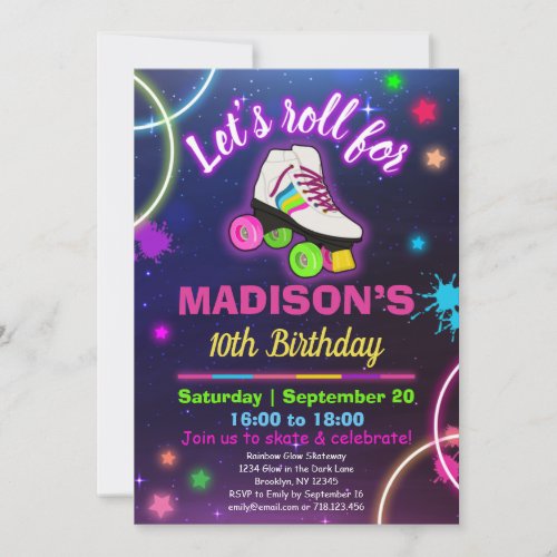 Personalize Roller Skating Neon Birthday RSVP Invitation