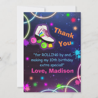Personalize Roller Skating Neon Birthday Thank You Card