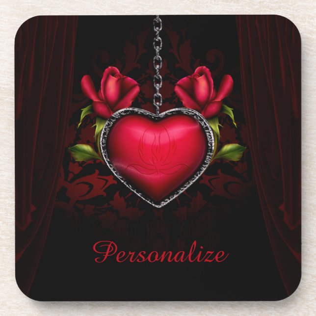 Personalize Romantic Gothic Red Heart Roses Beverage Coaster (Front)