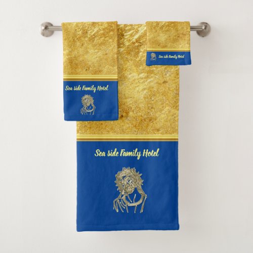 Personalize romantic Jesus gold foil with blue Bath Towel Set