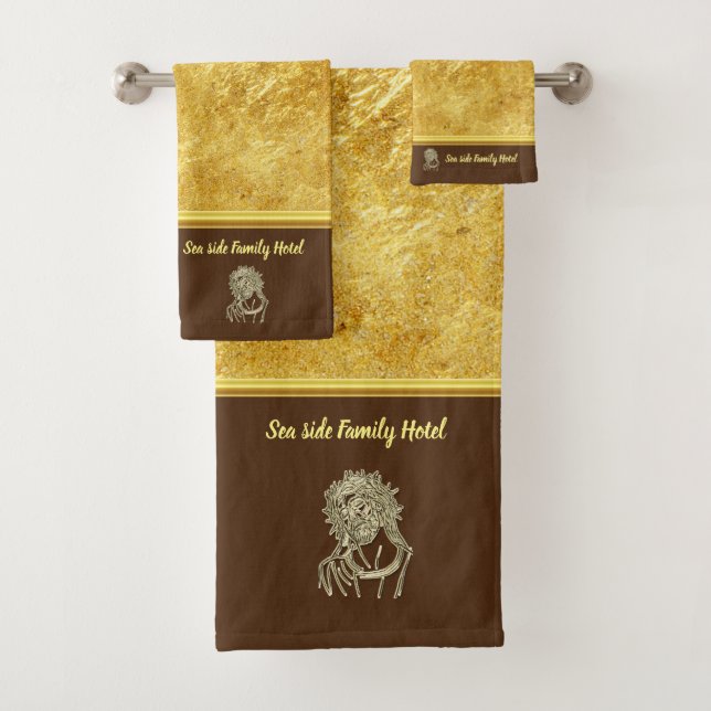 Personalize romantic Jesus gold foil with brown Bath Towel Set (Insitu)