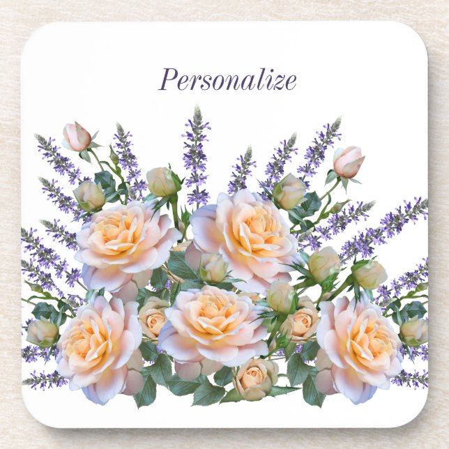 Personalize Romantic Peach Rose Lavender Bouquet Beverage Coaster (Front)