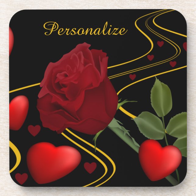 Personalize Romantic Red Hearts Roses Gold Ribbon Beverage Coaster (Front)