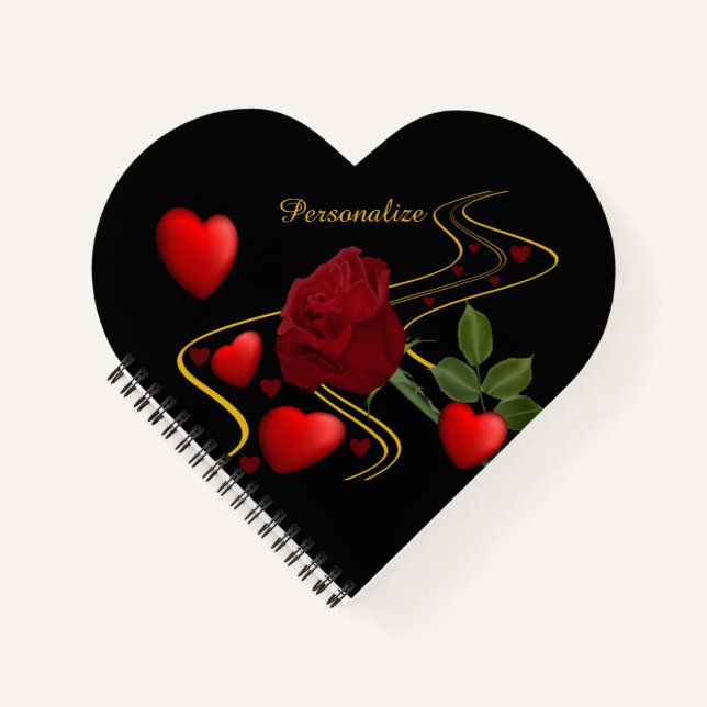 Personalize Romantic Red Hearts Roses Gold Ribbon Notebook (Front)