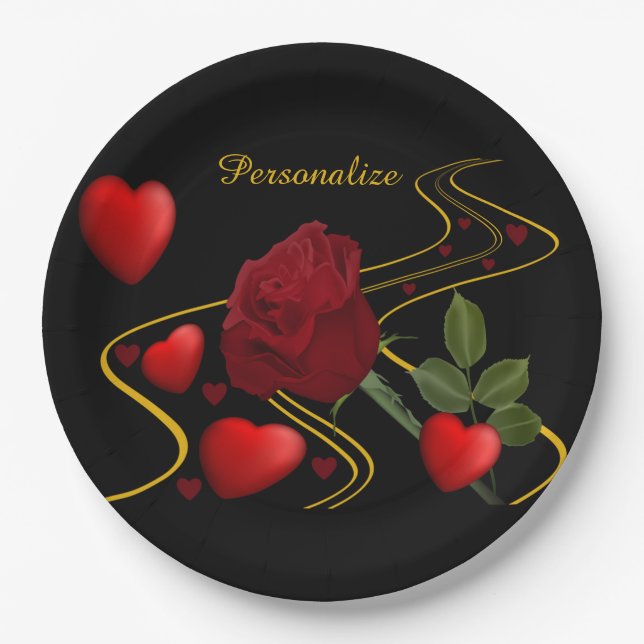 Personalize Romantic Red Hearts Roses Gold Ribbon Paper Plates (Front)