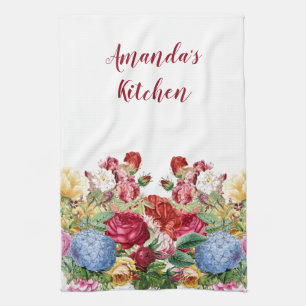 Personalize Rose and Blue Hydrangea Floral Kitchen Towel