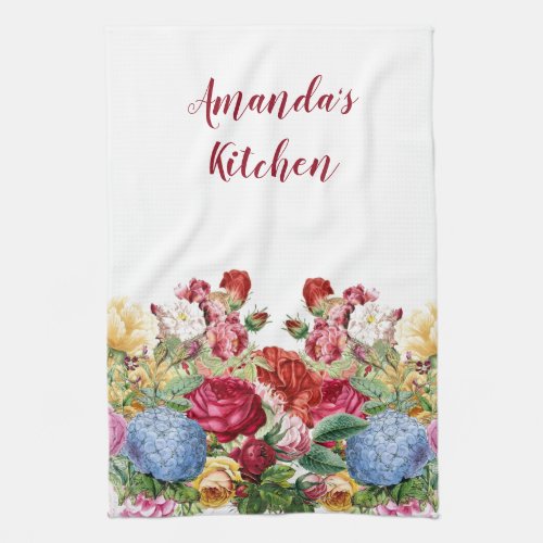 Personalize Rose and Blue Hydrangea Floral  Kitchen Towel