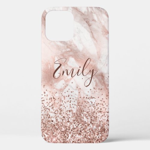 Personalize Rose Gold Girly Marble Glitter iPhone iPhone 12 Case