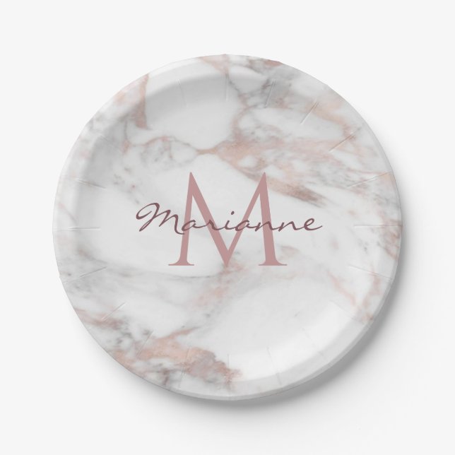 Personalize Rose Gold Marble Monogram Template Paper Plates (Front)