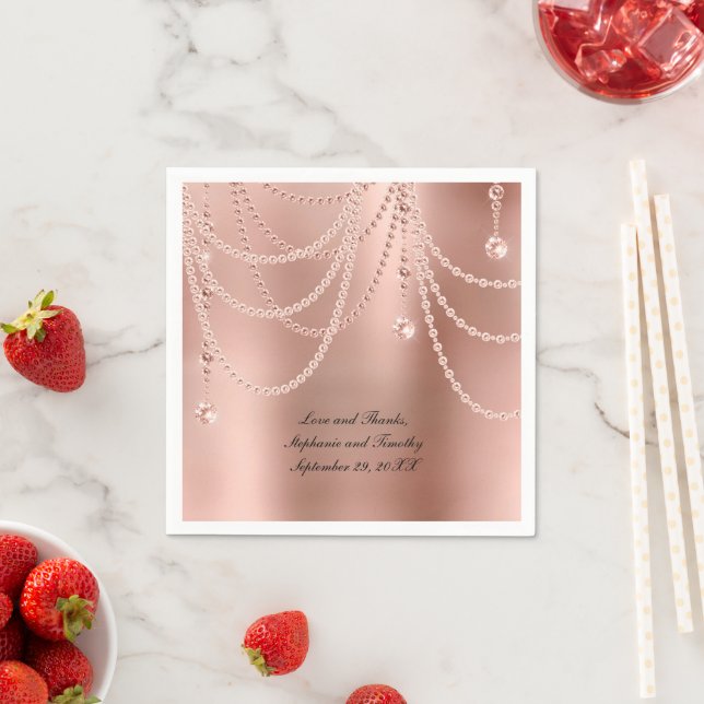 Personalize Rose Gold Pearls Diamond Bling Wedding Napkins (Insitu)
