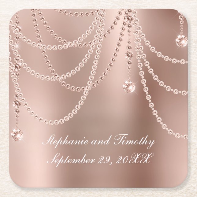 Personalize Rose Gold Pearls Diamond Bling Wedding Square Paper Coaster (Front)