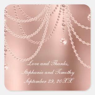 Personalize Rose Gold Pearls Diamond Bling Wedding Square Sticker