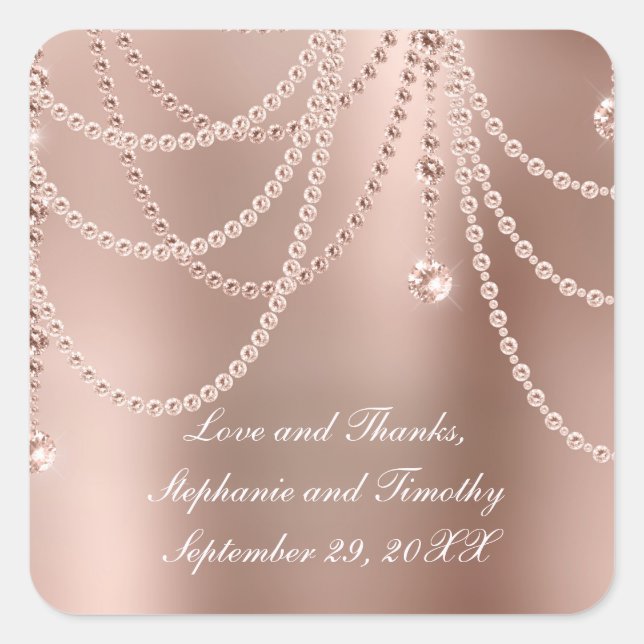 Personalize Rose Gold Pearls Diamond Bling Wedding Square Sticker (Front)