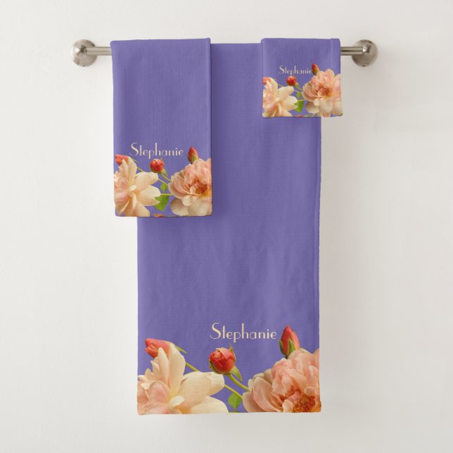 Personalize Roses Buds Periwinkle Background       Bath Towel Set (Insitu)