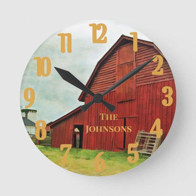 Personalize Rustic Red Barn Scene  Round Clock (Front)