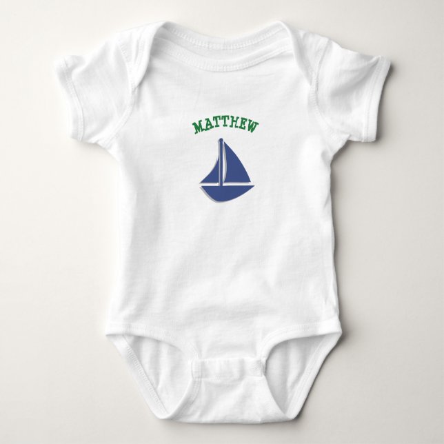 Personalize Sailboat Green and Blue Baby One Piece Baby Bodysuit (Front)