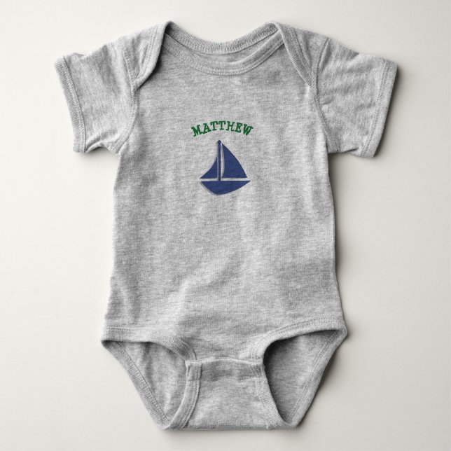 Personalize Sailboat Green and Blue Baby One Piece Bodysuit (Front)
