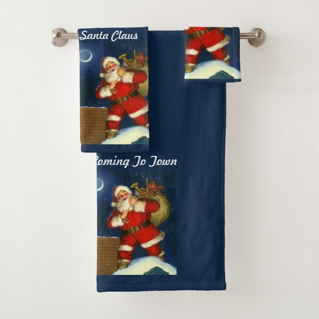 Personalize Santa Claus Christmas on Blue Bath Tow Bath Towel Set (Insitu)