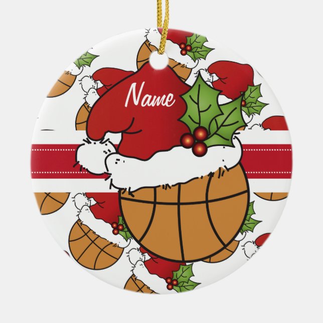 Personalize Santa Hat Christmas Basketball Ceramic Ornament (Front)