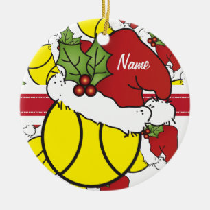 Personalize Santa Hat Christmas Tennis Ball Ceramic Ornament