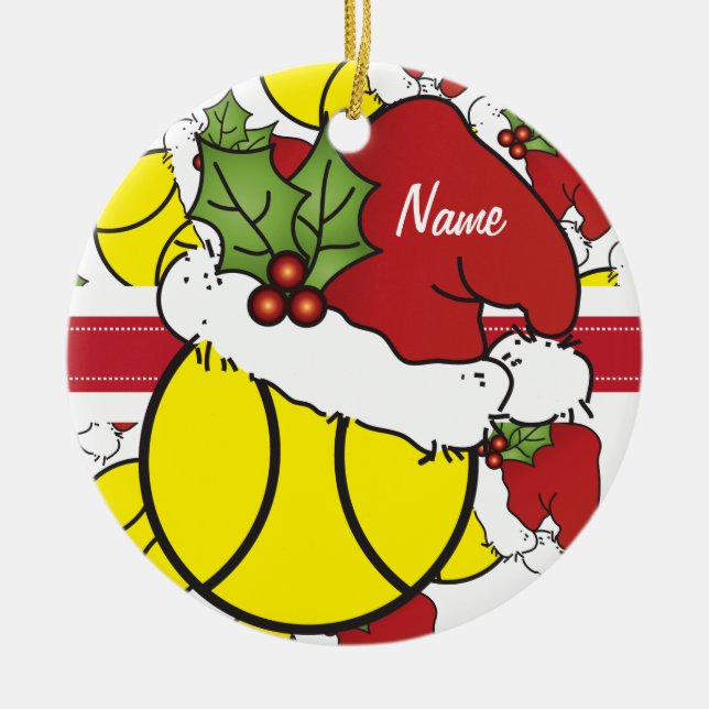 Personalize Santa Hat Christmas Tennis Ball Ceramic Ornament (Front)