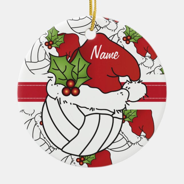 Personalize Santa Hat Christmas Volleyball Ceramic Ornament (Front)
