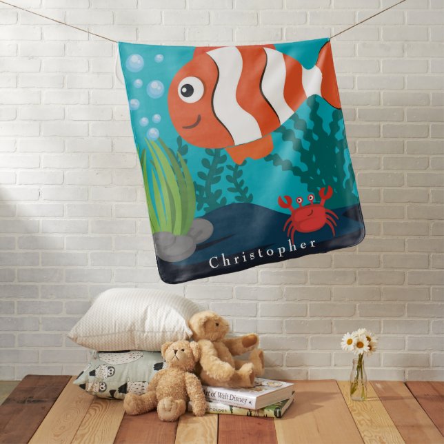 Personalize Sea-Life Pattern Fish Crab Seaweed  Baby Blanket (In Situ)