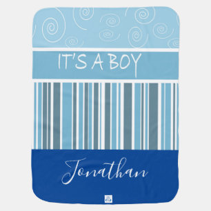 Personalize Shades of Blue Stripe Its a Boy Baby Blanket