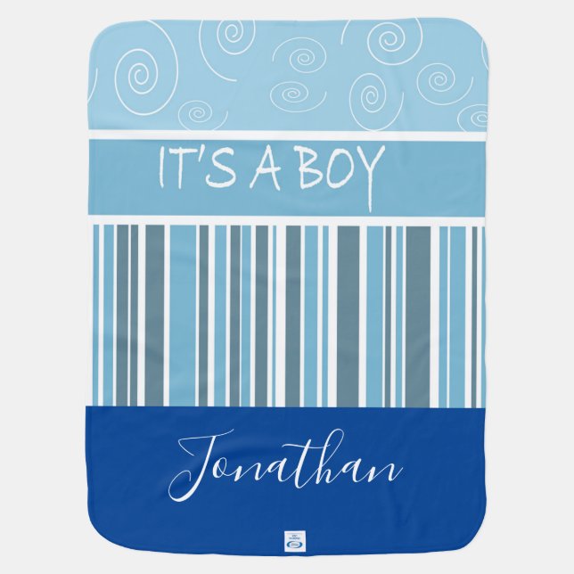 Personalize Shades of Blue Stripe Its a Boy Baby Blanket (Back)