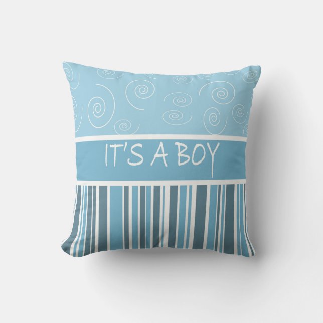 Personalize Shades of Blue Stripe Its a Boy  Throw Pillow (Front)